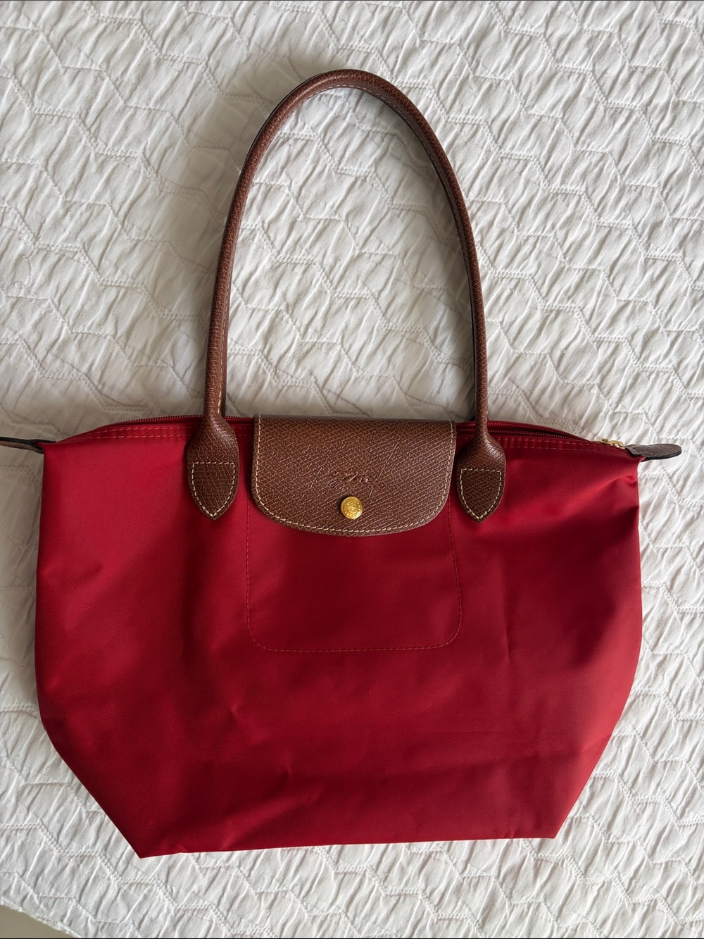 Longchamp Red Nylon Tote with Brown Leather Trim
